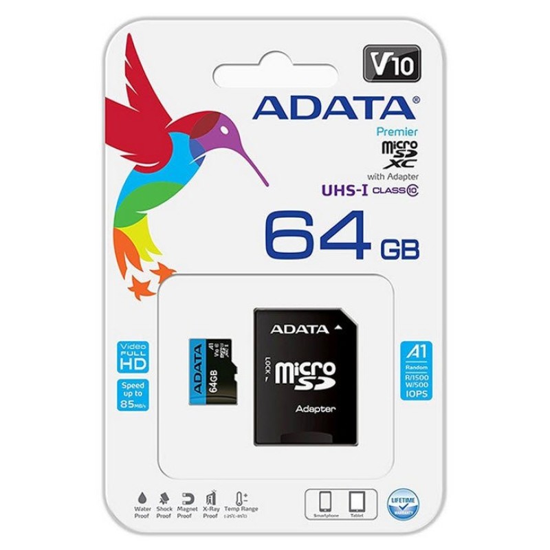 Memoria MicroSD Adata 64GB Clase 10 A1 -Con Adaptador