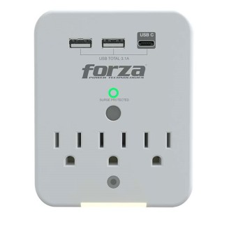 Regleta de Pared Forza - 3 Tomas - 2 USB-A - 1 USB-C - Protector de Picos