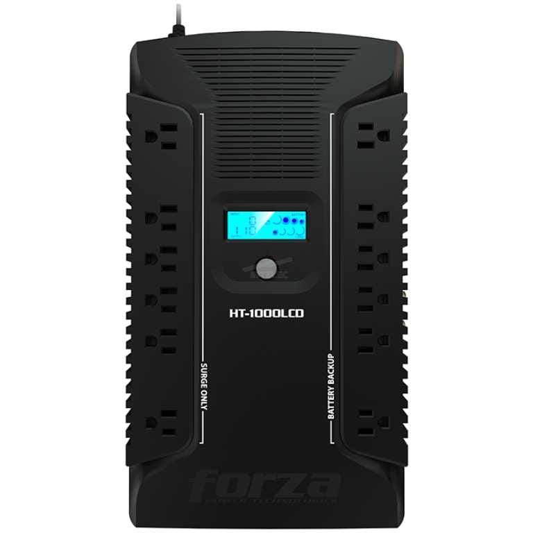 HT-1000LCO portable power inverter with blue LCD display and side outlet panels.