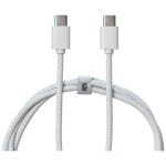 White braided USB-C to USB-C charging cable with silver connectors and a mid-cable strap showing a small logo clip.