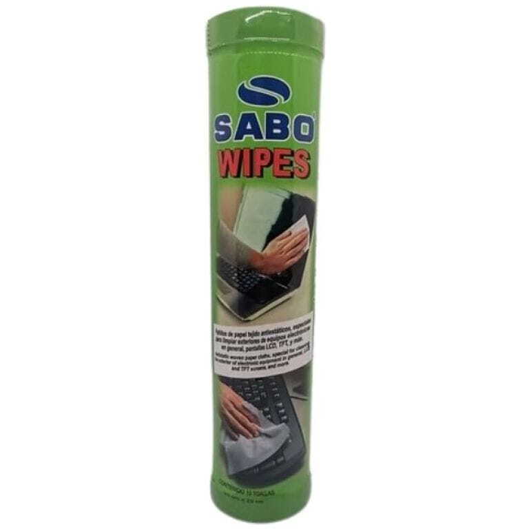 Green cylindrical canister labeled 'SABO WIPES' with an image of hands cleaning a laptop keyboard on the front.