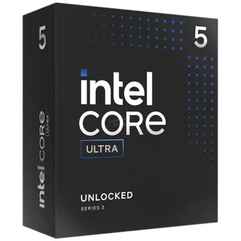 Black Intel Core Ultra Unlocked Series 2 processor box with blue accents and dotted pattern on a dark background.