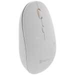Side view of a white wireless computer mouse with scroll wheel and two buttons