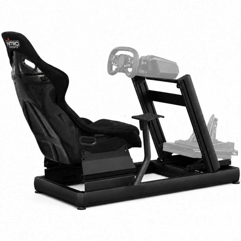 Black racing simulator rig featuring a bucket seat, steering wheel, and foot pedals on a sturdy metal frame.