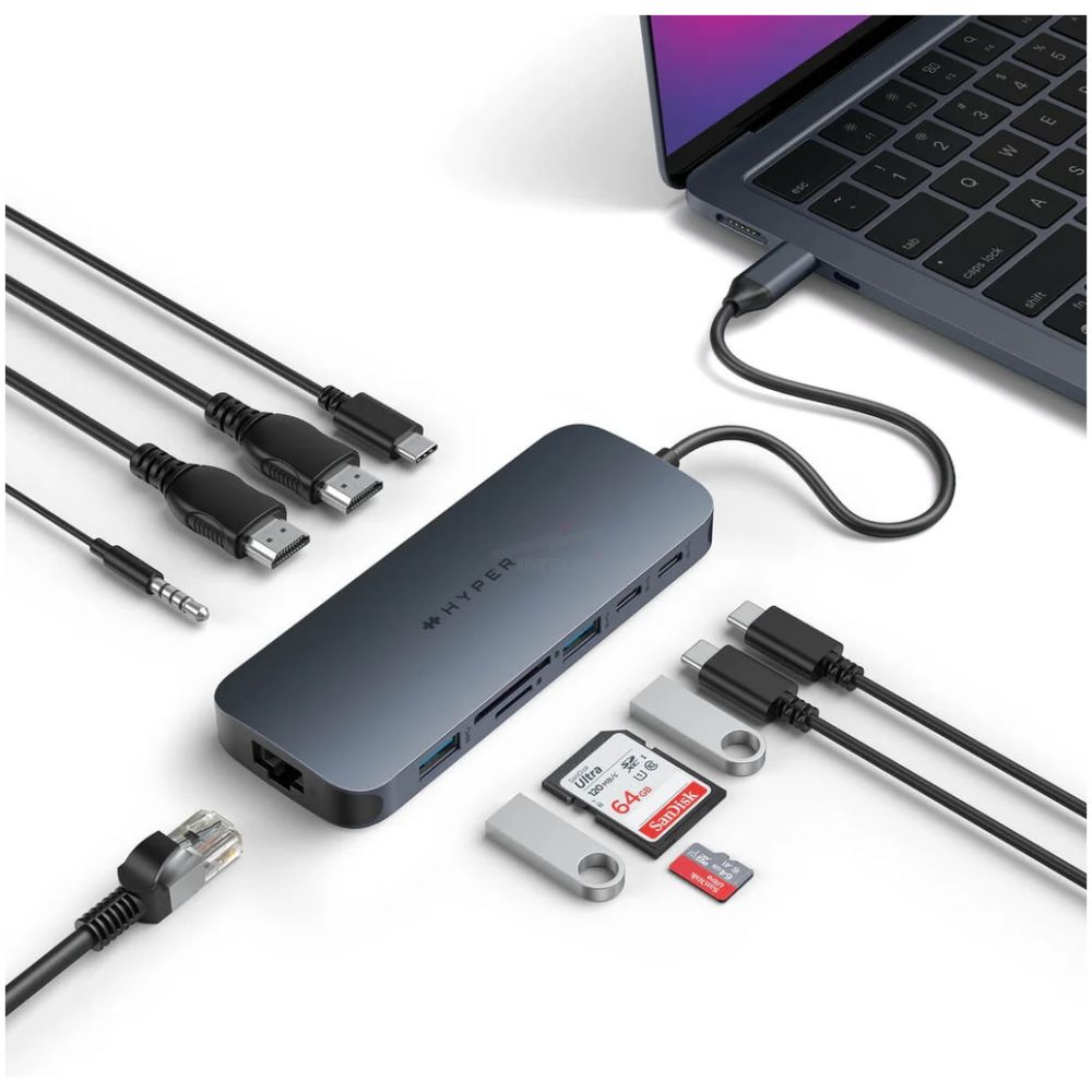 ADAPTADOR HUB HYPER USB-C a 2 PUERTO USB 3.0 - 1 PUERTOS USB-C - 2 HDMI - 1 RJ45 - MICROSD - Imagen 3