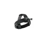 Close-up of a gray and black adjustable head strap with a side mounting rail on a black background.