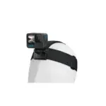 GoPro HERO12 Black action camera mounted on a black head strap worn on a white mannequin head.