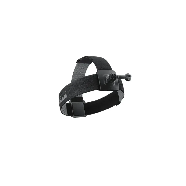 Close-up of a gray and black adjustable head strap with a side mounting rail on a black background.