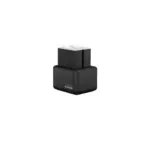GoPro dual battery charger with two rectangular batteries on top.