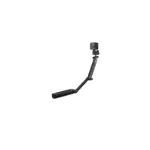 Black handheld camera gimbal with an action camera mounted on the head, attached to a long supporting boom.