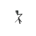 GoPro action camera mounted on a black articulating tripod arm for stable shooting.