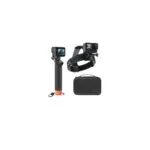 GoPro action cameras mounted on a pole and chest-strap rig with a black protective case nearby, ready for filming adventure scenes.