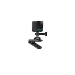 GoPro action camera mounted on a black stabilizing gimbal against a black background