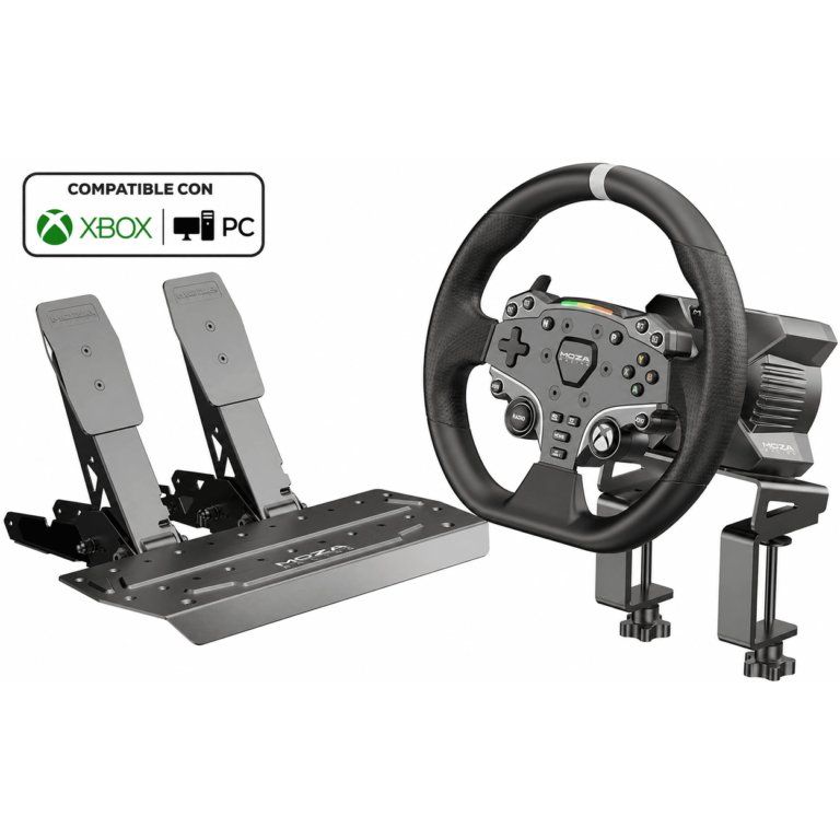 Sim racing Steering Wheel with a metal pedal set on a mounting frame; labeled for Xbox and PC compatibility (MOZA Racing).