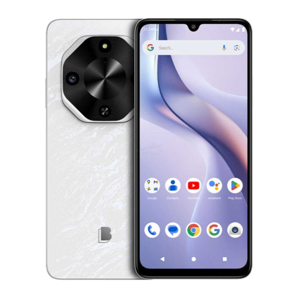 White smartphone lying on a light marble surface, back shows a large black octagonal camera module with a flash, front screen visible.