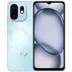 Blue smartphone shown from back and front, highlighting a large camera module on the rear and a near-edge-to-edge display on the front with a small notch at the top.