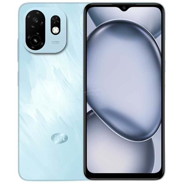 Blue smartphone shown from back and front, highlighting a large camera module on the rear and a near-edge-to-edge display on the front with a small notch at the top.