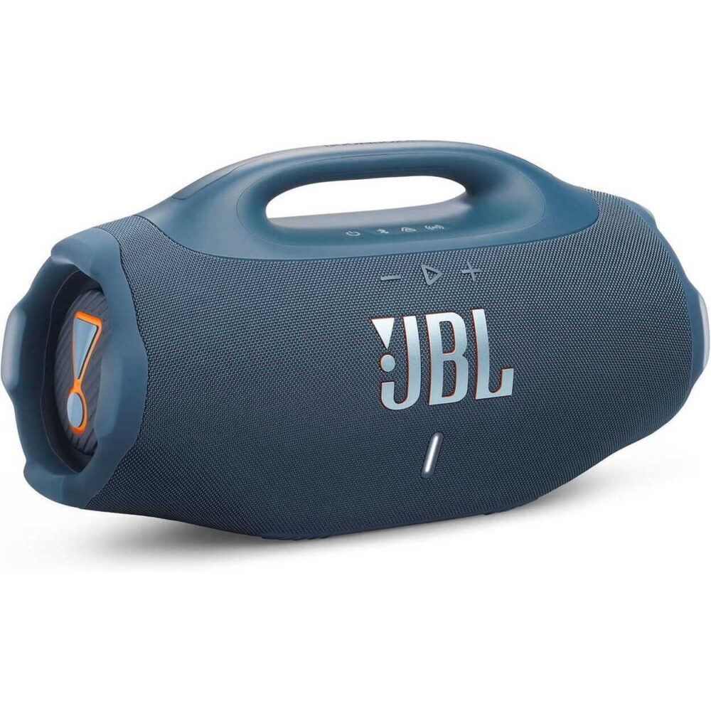 Blue JBL portable Bluetooth speaker with handle, showing fabric grille and control buttons on top edge.