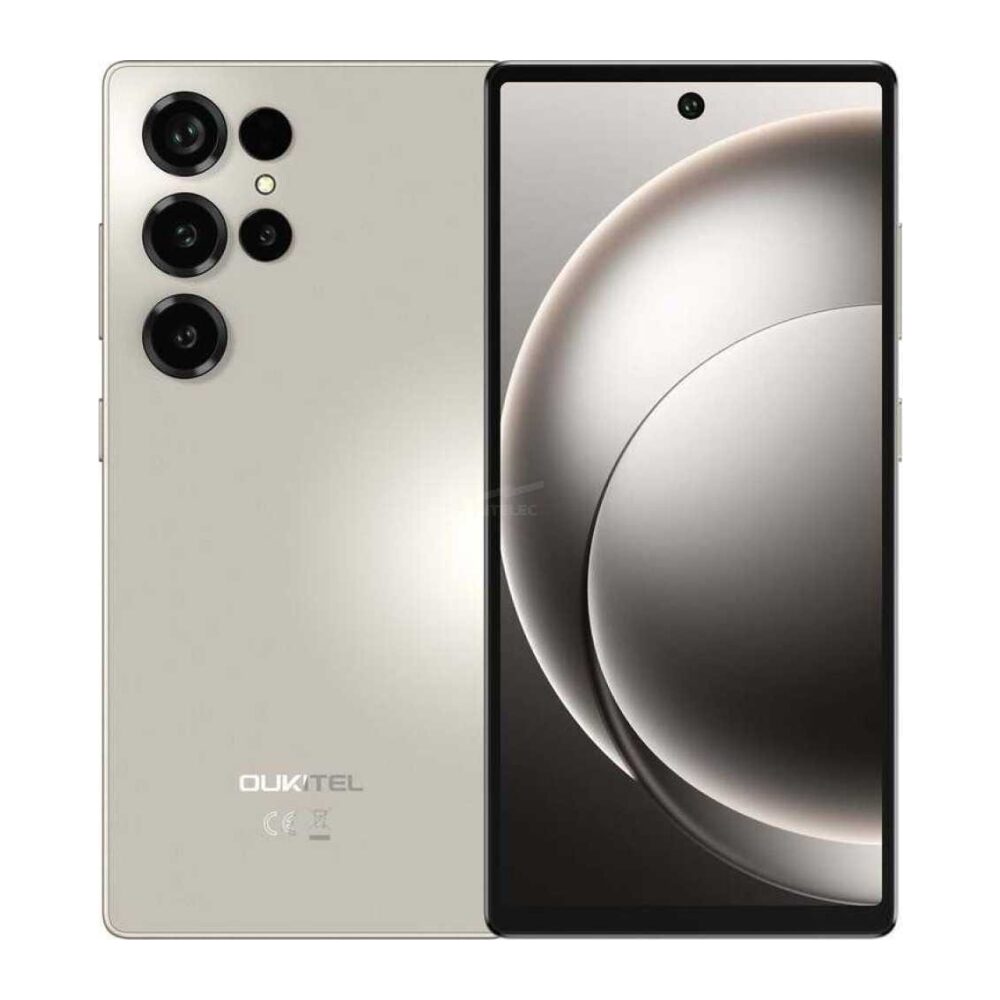 Gold OUKITEL smartphone with four rear cameras and a flash on the left, and a nearly bezel-free front display with a centered punch-hole camera