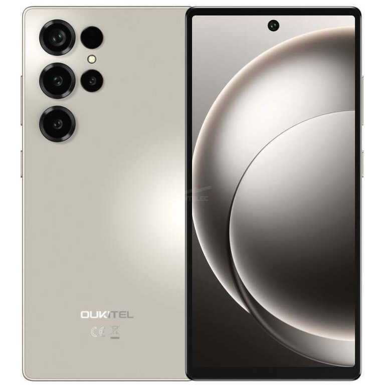 Gold OUKITEL smartphone with four rear cameras and a flash on the left, and a nearly bezel-free front display with a centered punch-hole camera