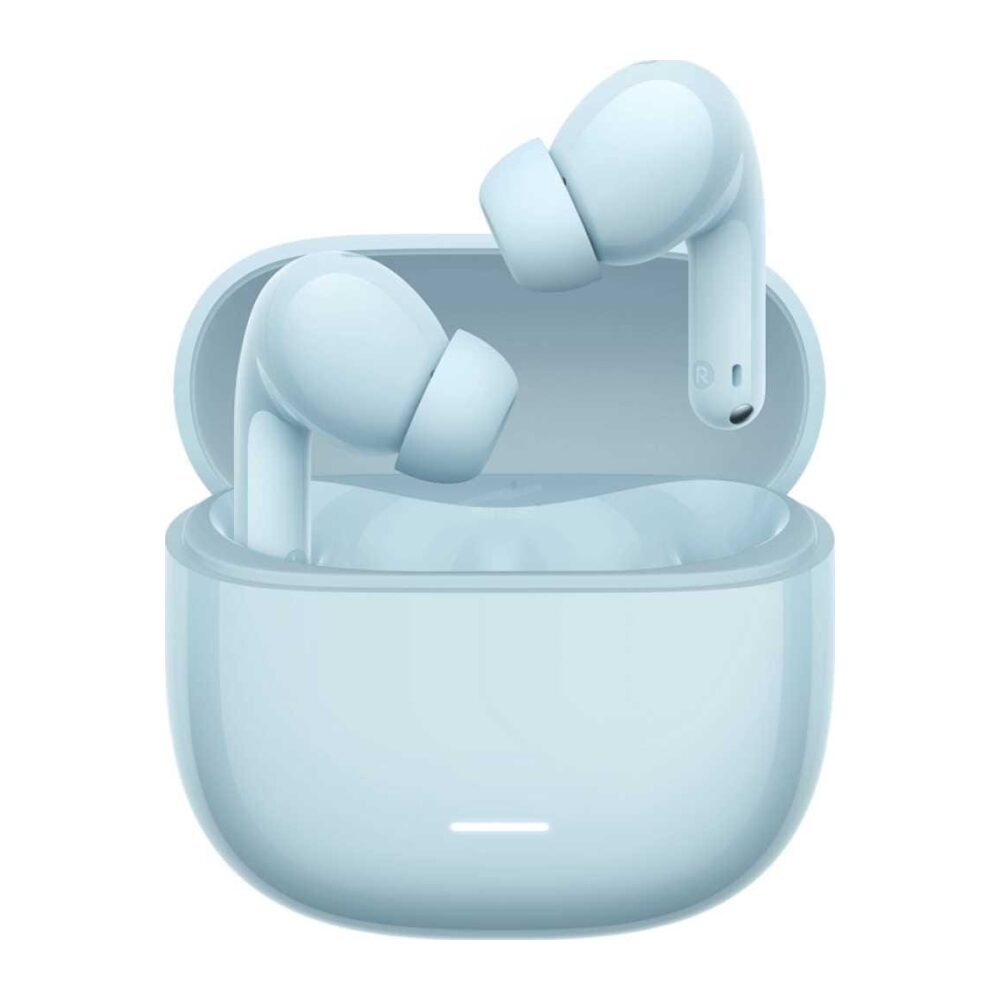 Light blue wireless earbuds in an open charging case.