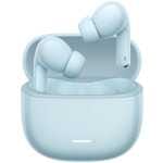 Light blue wireless earbuds in an open charging case.