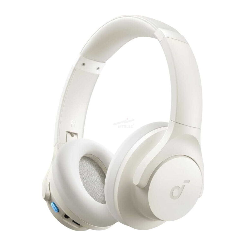 White over-ear headphones with cushioned ear cups and headband, featuring a subtle circular earcup with a small 'd' logo.