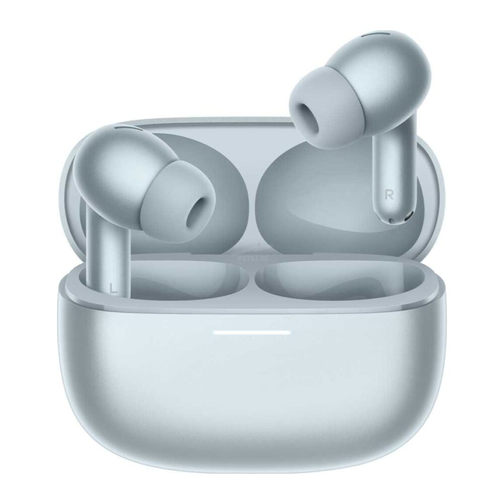 Light blue wireless earbuds seated in an open charging case with a lid raised back