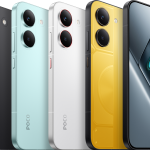 Lineup of Poco smartphones in black, mint green, white, and yellow with prominent circular camera modules on the back.