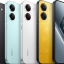 Lineup of Poco smartphones in black, mint green, white, and yellow with prominent circular camera modules on the back.
