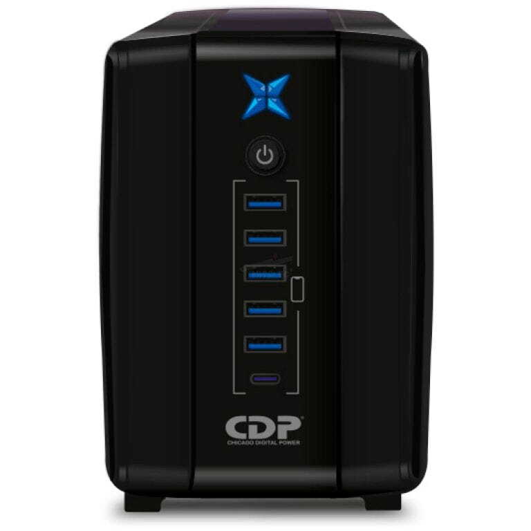 Black vertical USB hub with six blue USB 3.0 ports and a circular power button, CPD logo at bottom (desktop power/docking station).