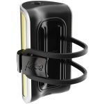 Close-up of a glossy black rectangular device with two stretchy bands wrapped around it, secured by a small buckle on the side.