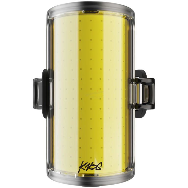 Translucent yellow drum with chrome rims and side latches, shown head-on.