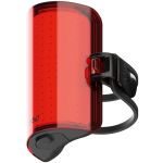 Red rear bicycle taillight with an adjustable strap and mounting clip for visibility on a bike.
