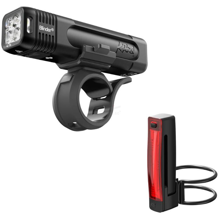 Front bicycle headlight mounted on a handlebar bracket with a separate red rear taillight accessory nearby.