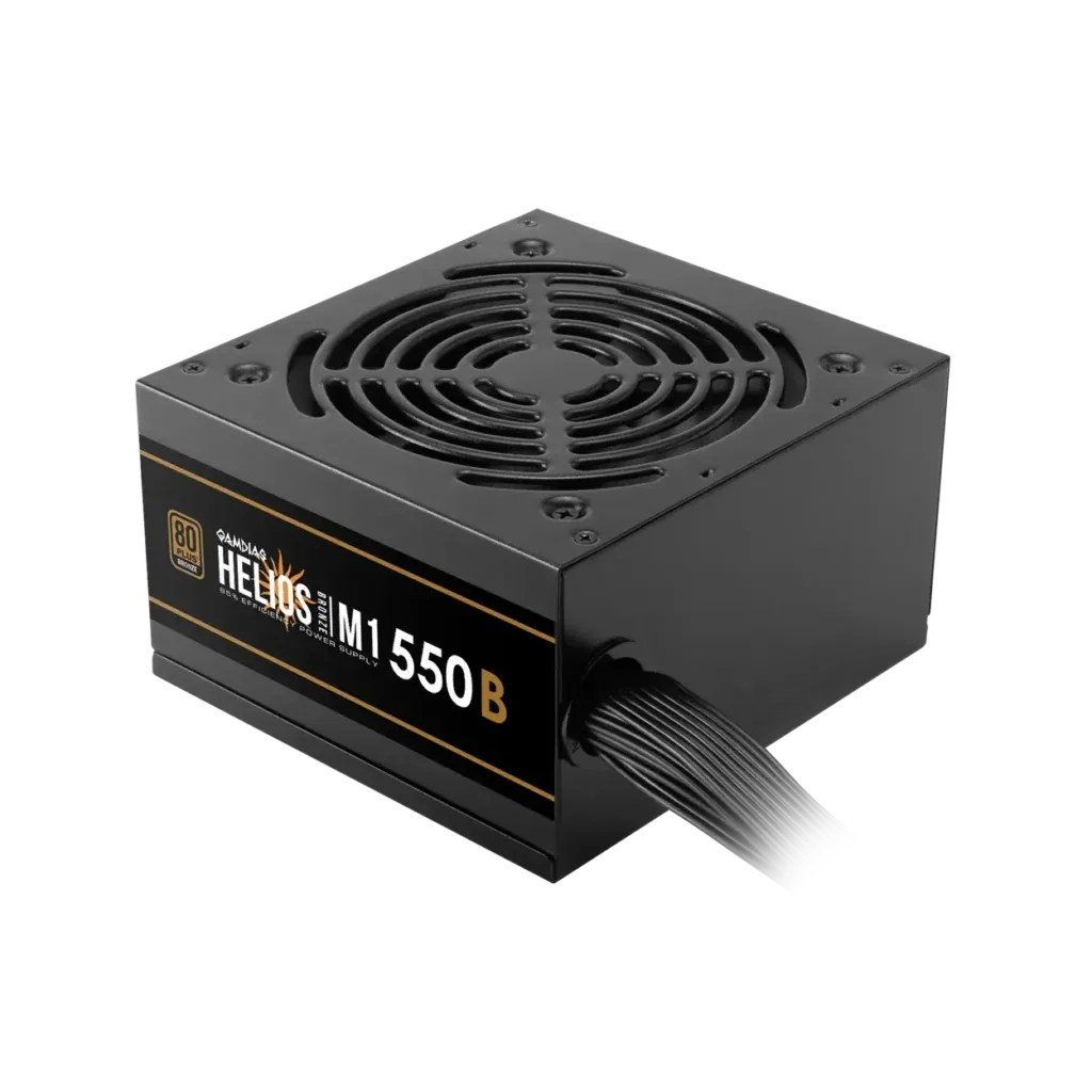 Black computer power supply unit (PSU) with a circular top fan grille and a label indicating 550W Bronze efficiency.