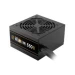 Black computer power supply unit (PSU) with a circular top fan grille and a label indicating 550W Bronze efficiency.