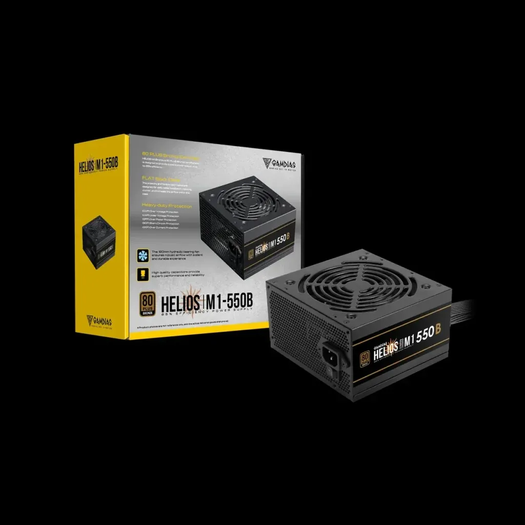 Boxed Gamdias Helios M1-550B 550W power supply shown from front and side on a black background, yellow accent on the box.