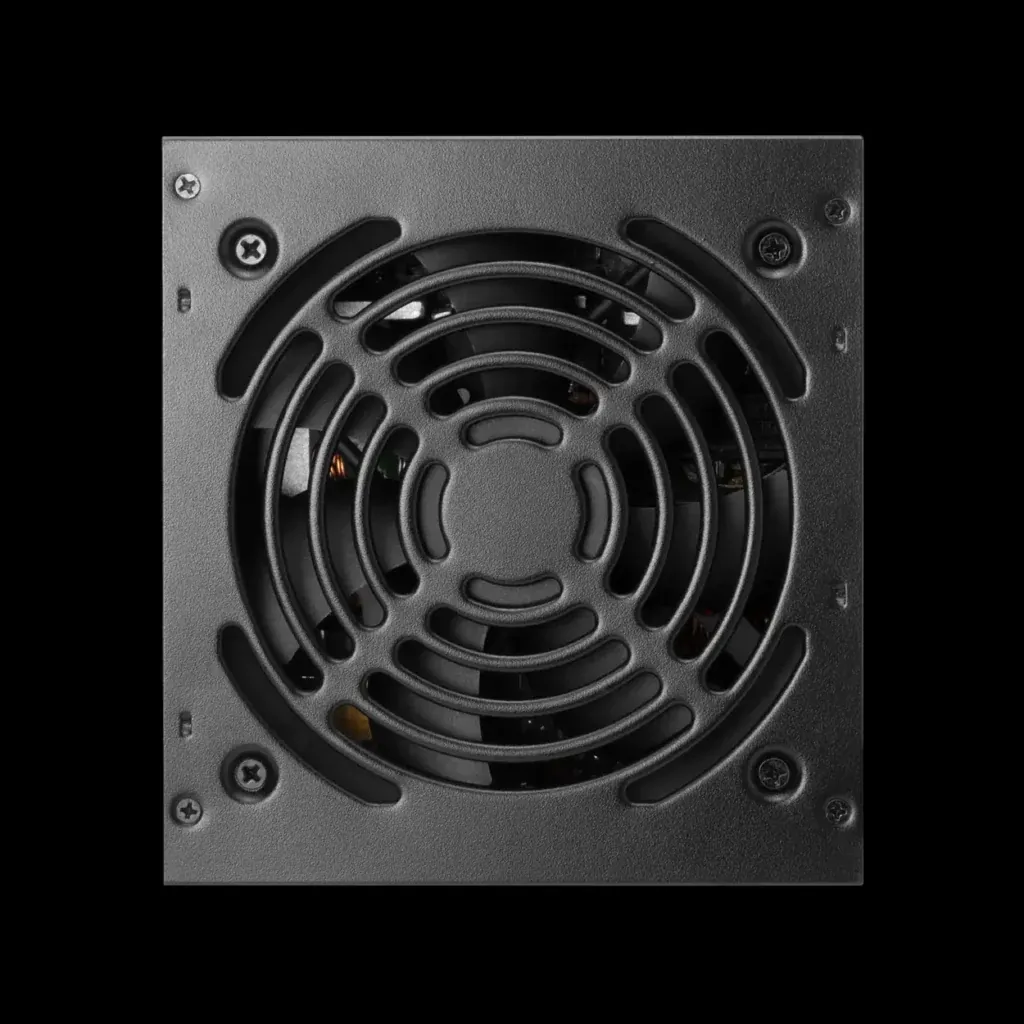 Close-up of a gray computer power supply unit with a circular vent fan and visible screws on the metal casing.