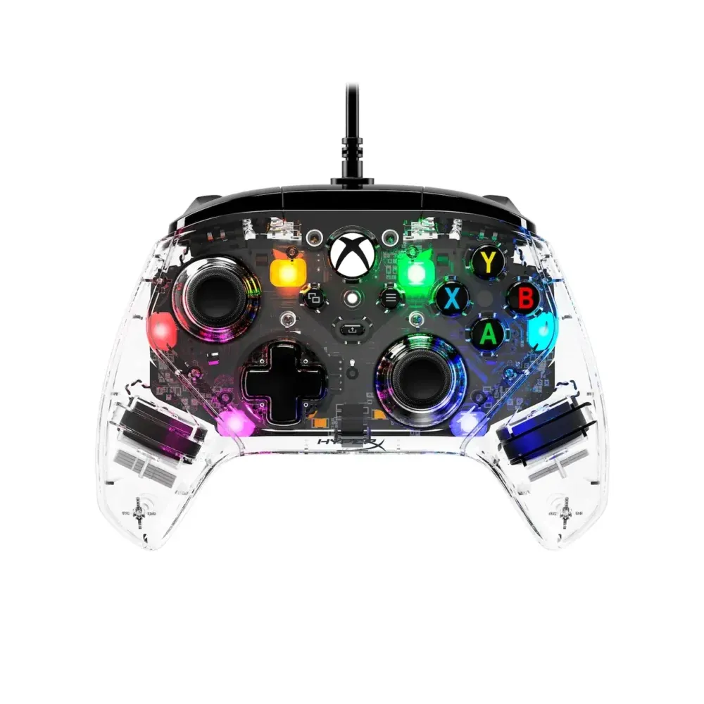 Transparent Xbox controller showing internal circuitry and multicolored LED buttons.