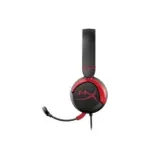 Over-ear gaming headset in black and red with a boom mic extending from the left cup and a long black headband.