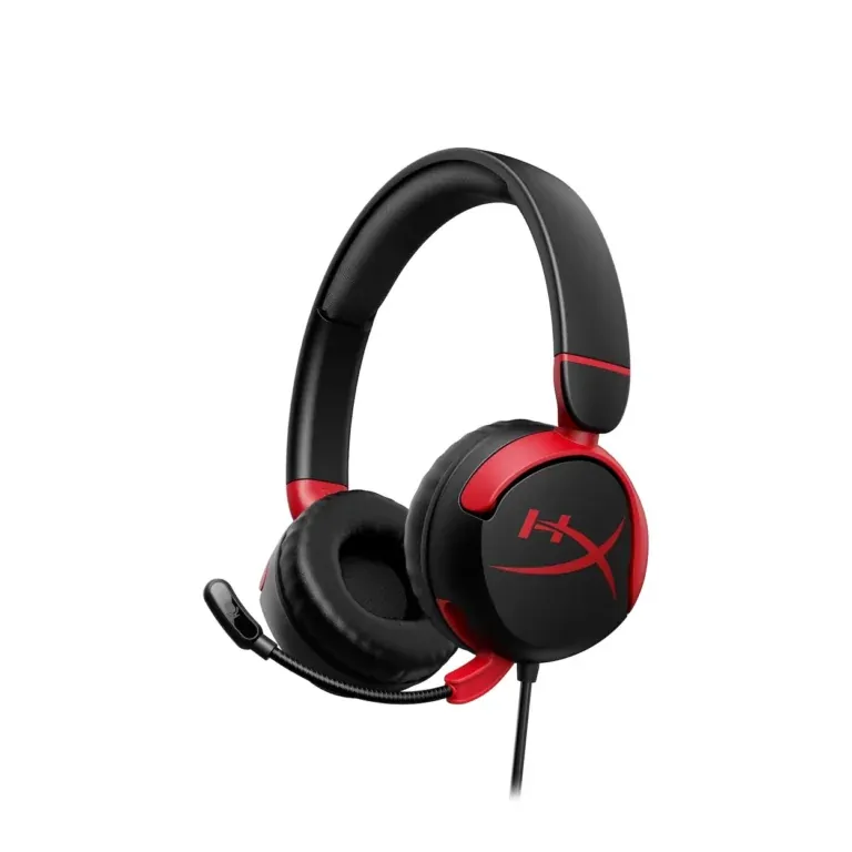Red and black over-ear gaming headset with a detachable microphone.