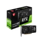 GeForce RTX 3050 graphics card box with MSI Ventus 2X and the installed GPU showing dual fans on a black background