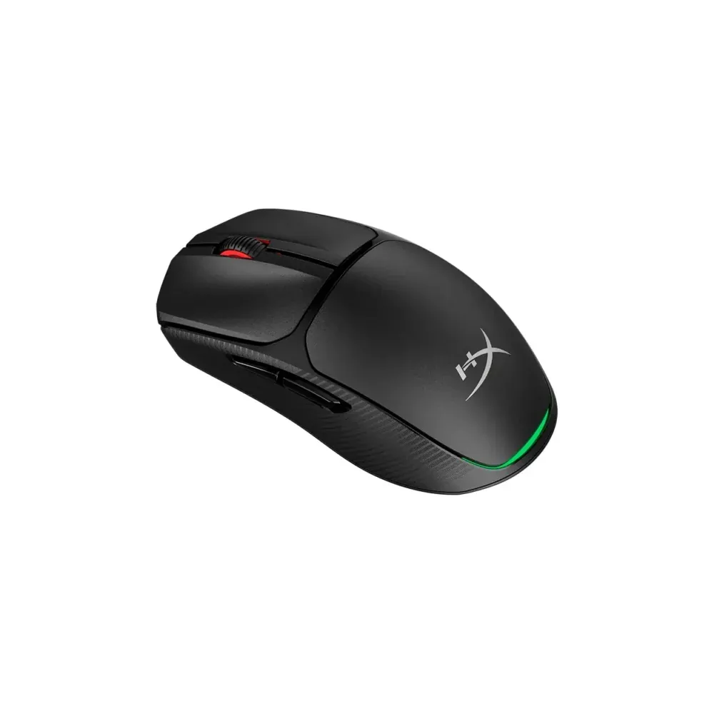 Black gaming mouse with a red scroll wheel and a green LED rim along the front edge