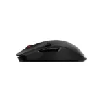 Side view of a black ergonomic wireless mouse with textured grip and red scroll wheel on a white background