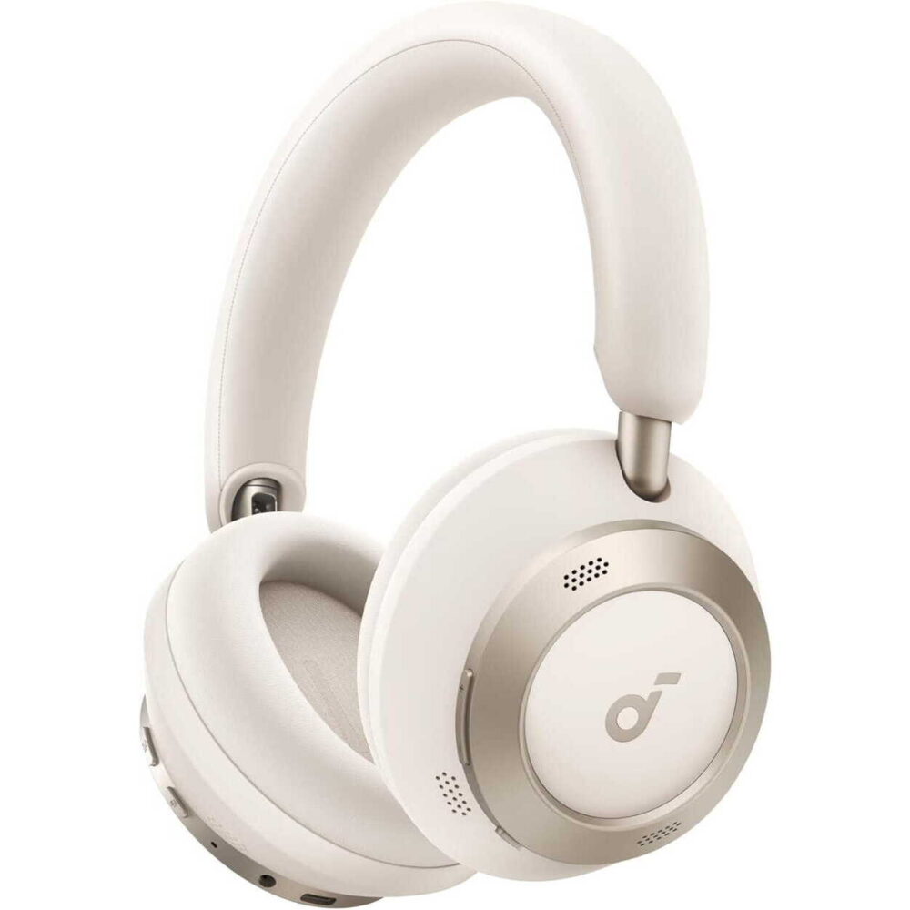 White over-ear headphones with cushioned ear cups and a sleek gold-accented headband, featuring a subtle logo on the outer ear cup