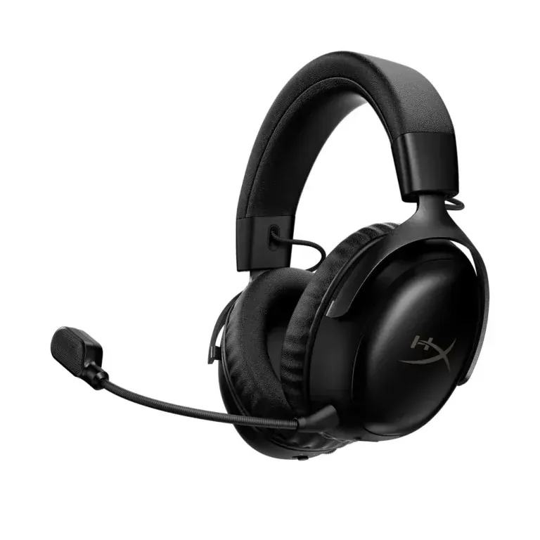 Over-ear black gaming headset with a flexible boom microphone on the left side and cushioned ear cups