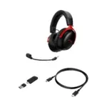 Gaming headset with red accents, detachable mic, and USB-C/USB adapters shown separately for PC use, on a white background.