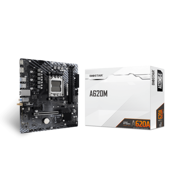 Black motherboard with CPU socket and RAM slots next to a white Biostar A620M box; desktop components ready for build.