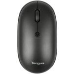 Overhead view of a black wireless computer mouse with a scroll wheel and the Targus logo on the bottom front